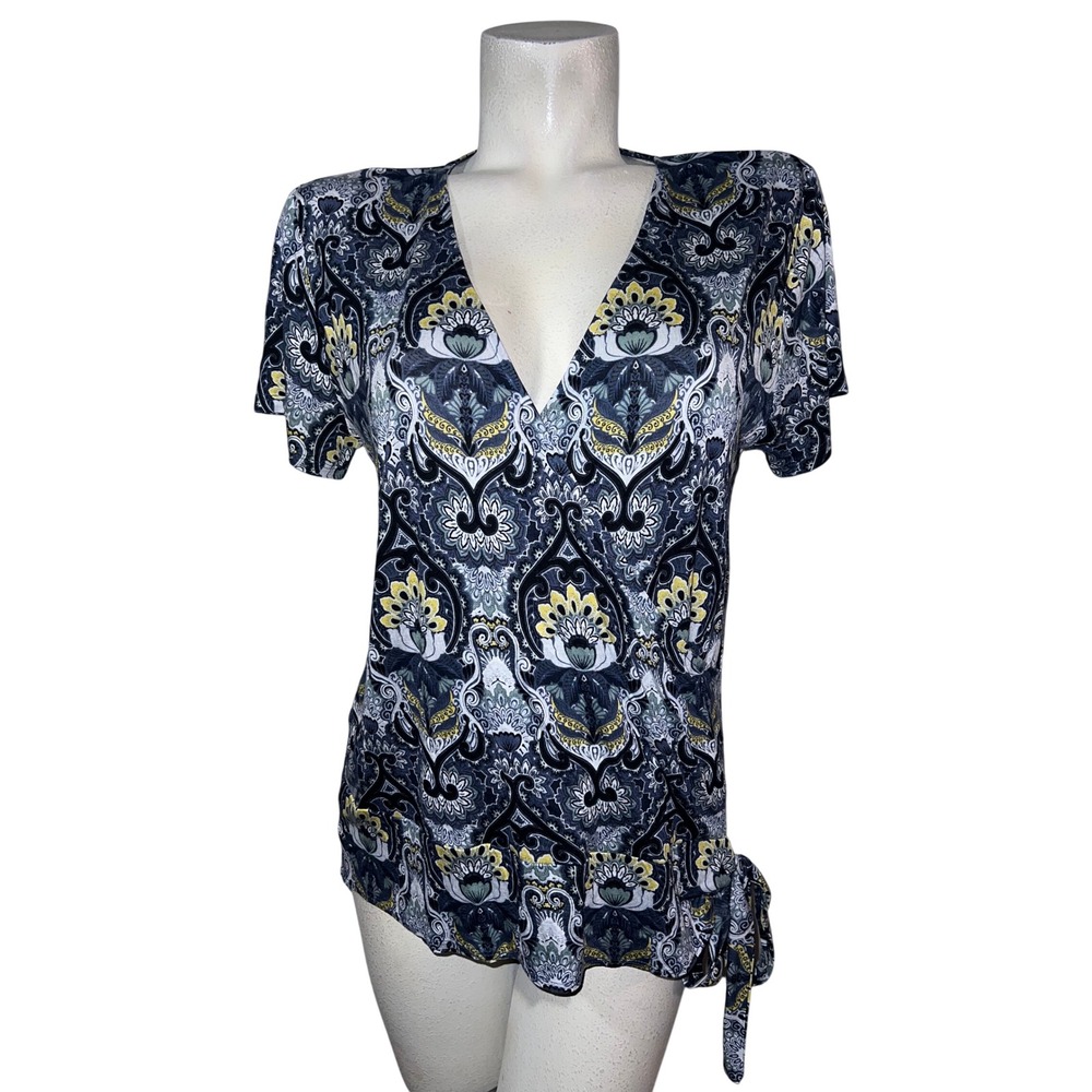 Loft Outlet Womens Sz L Damask Paisley VNeck Side Tie Wrap Top Navy Yellow Rayon